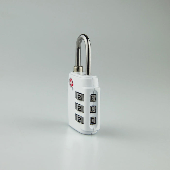 Portable Luggage TSA Lock - A portable white luggage lock with a silver shackle and a four-digit combination dial, featuring a logo.