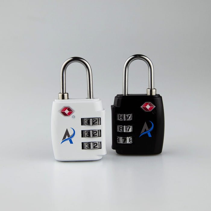 Portable Luggage TSA Lock - Two portable TSA luggage locks in white and black, featuring combination dials and a logo on each.