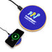 Crescent Illuminating Wireless Charger - A wireless charger with a round blue surface and wooden base, featuring a logo and an illuminated design.