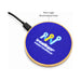 Crescent Illuminating Wireless Charger - A circular wireless charger with a wooden base and a bright blue top surface, featuring a logo in the centre.