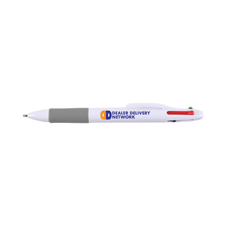 Supra 4 Colour White Pen - A plastic pen in white with gray grip and three ink colors: red, blue, and green. Features a logo.