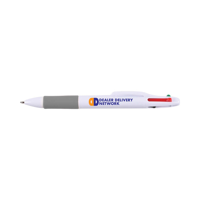 Supra 4 Colour White Pen - A plastic pen in white with gray grip and three ink colors: red, blue, and green. Features a logo.