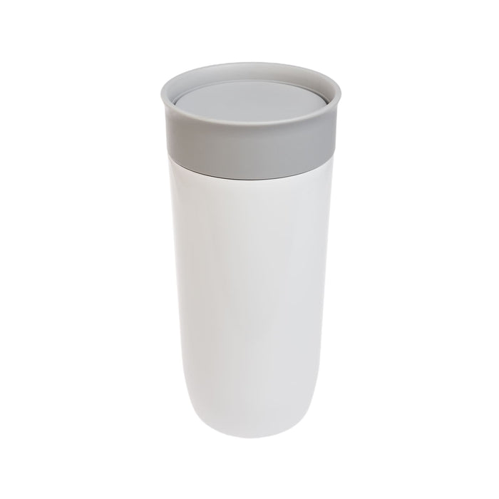 The Ultimate Welcome - Tea Edition - A stainless steel coffee cup in white with a gray lid, featuring a smooth, sleek design and a logo.