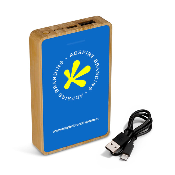 Primo Power Bank - A blue and wooden power bank with a USB cable included, featuring a logo on its surface.