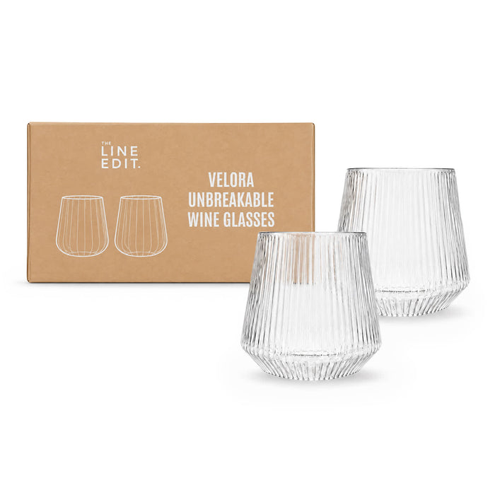 The Refined Graze: Christmas Edition - Two unbreakable clear glass wine glasses with a ribbed design, presented in a cardboard packaging.