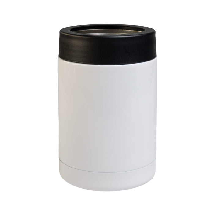 The Knock Off Pack - A drink bottle in white with a black lid, featuring a sleek, stainless steel design and a logo.