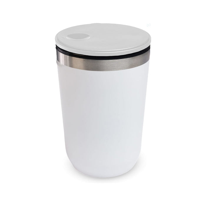 The Pause Pack: Christmas Edition - A white reusable coffee cup with a stainless steel band and a lid, featuring a sleek and modern design.