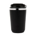 Lunch & Latte Kit - A double wall coffee cup in sleek black with a stainless steel band and a black lid, featuring a logo.