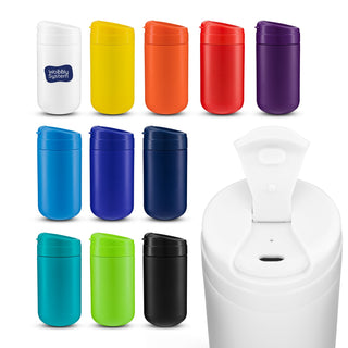 Esplanade Coffee Cup by The Line Edit. - A collection of brightly coloured drink bottles in various shades, featuring a lid and a branding logo on one.