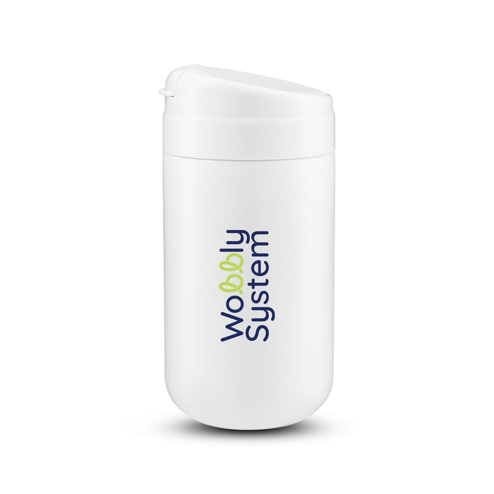 Esplanade Coffee Cup by The Line Edit. - A drink bottle in white with a secure lid and a logo featuring colourful text.