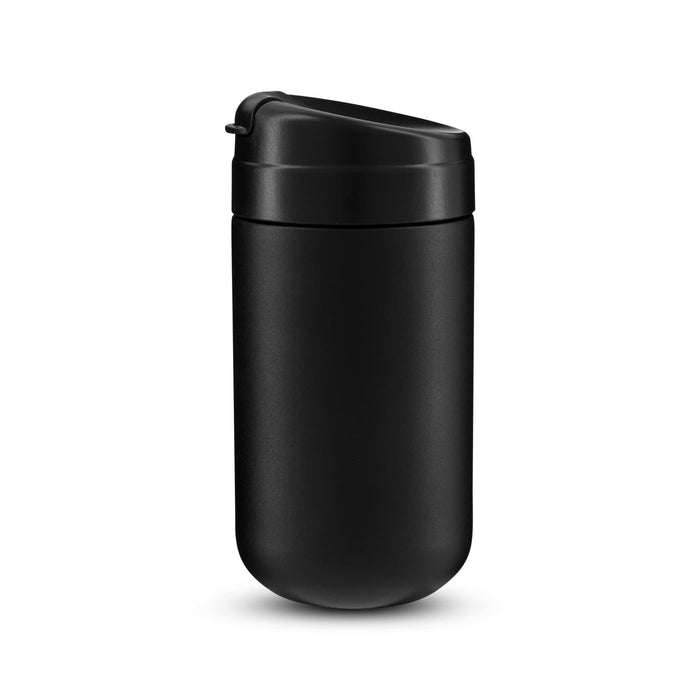 The Modern Essential Gift Set - A coffee cup in matte black with a secure lid and a minimalist design, featuring a logo.