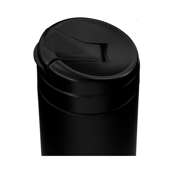 Esplanade Coffee Cup by The Line Edit. - A black coffee cup with a sealed lid and a small opening for drinking, featuring a logo.