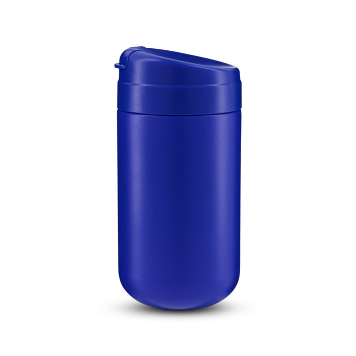 The Modern Essential Gift Set - A blue coffee cup with a lid and a smooth finish, featuring a branding logo.