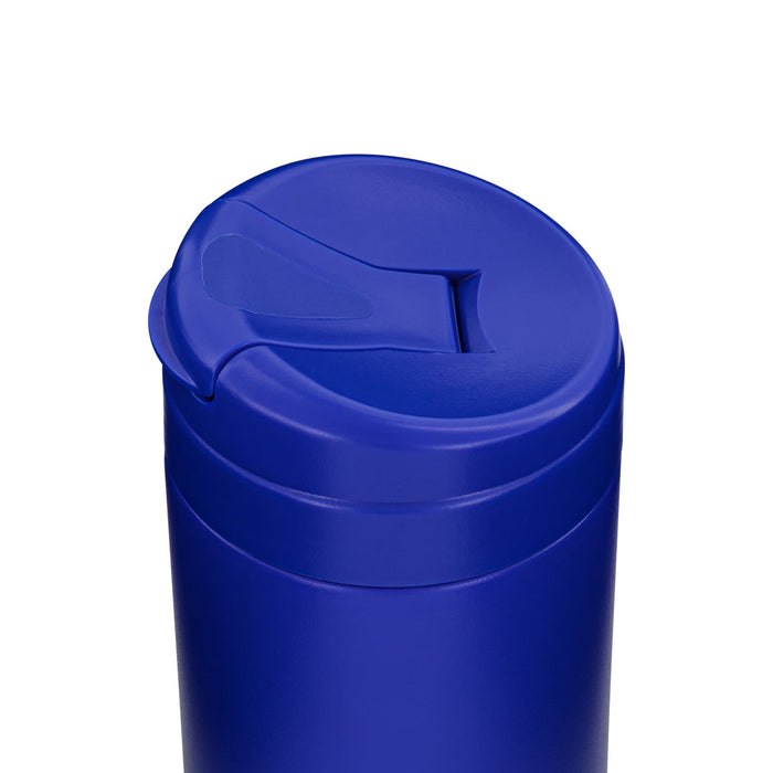 Esplanade Coffee Cup by The Line Edit. - A blue coffee cup with a sleek design and a push-button opening feature, also featuring branding.