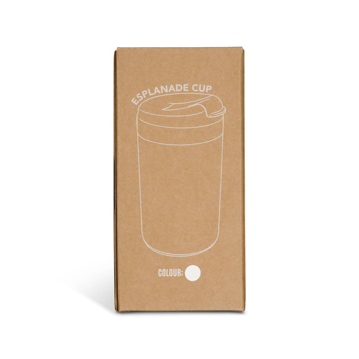 Esplanade Coffee Cup by The Line Edit. - A coffee cup in a brown cardboard box, featuring a minimalist design and a lid, in a white colour.