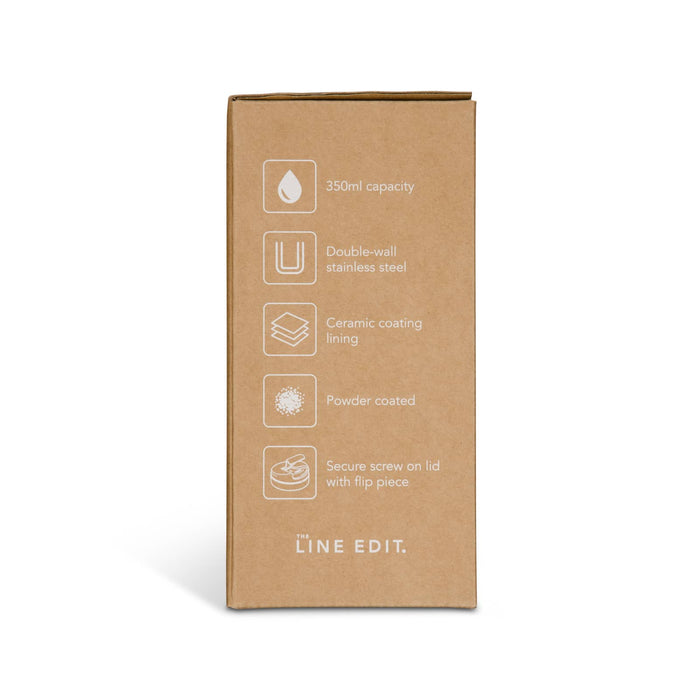 Esplanade Coffee Cup by The Line Edit. - A packaging box for a 350ml coffee cup made of double-wall stainless steel with a ceramic coating and powder-coated finish.