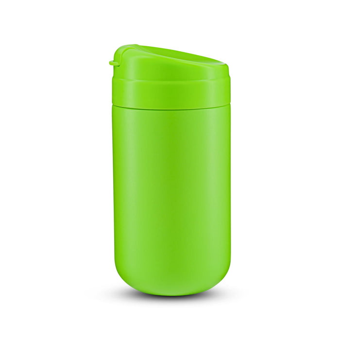 Esplanade Coffee Cup by The Line Edit. - A green coffee cup with a secure lid and a sleek design. It features a logo.