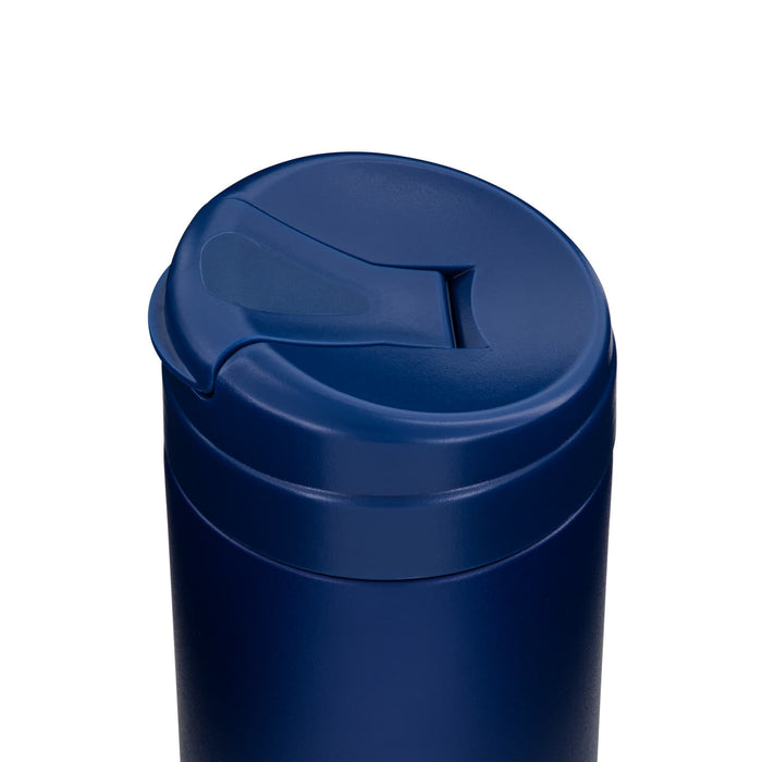 Esplanade Coffee Cup by The Line Edit. - A drink bottle with a navy blue finish and a lid featuring a small opening for sipping, with a logo.
