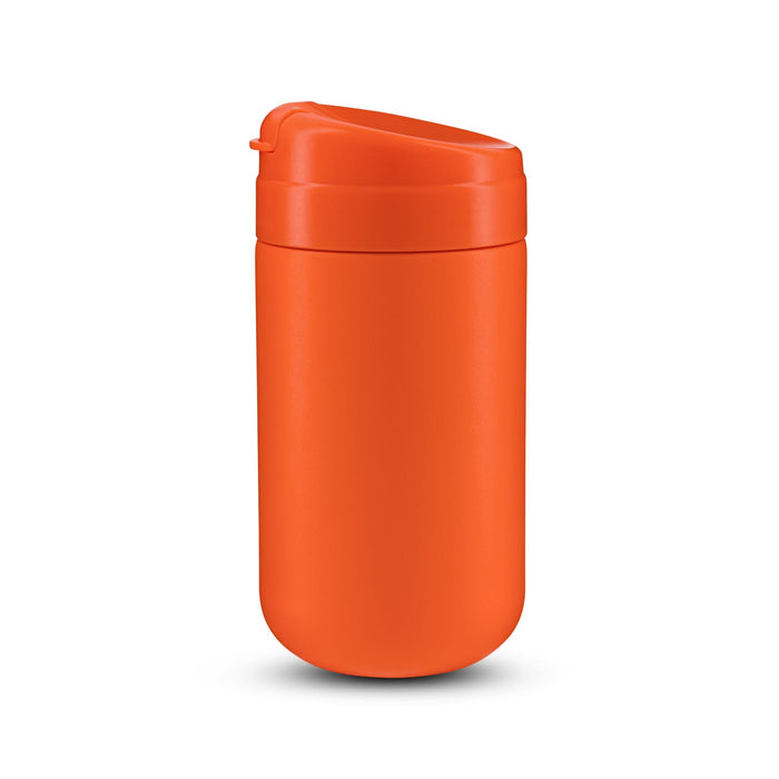 Esplanade Coffee Cup by The Line Edit. - An orange coffee cup with a lid, featuring a smooth finish and a sleek design. It has a branding logo on it.