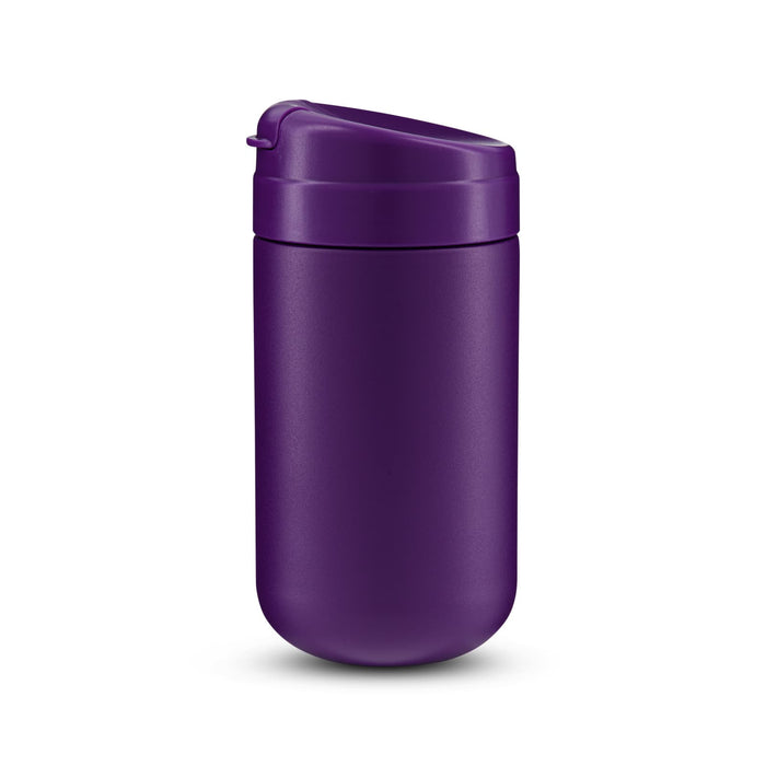 Esplanade Coffee Cup by The Line Edit. - A purple coffee cup with a secure lid and a smooth finish. It features a logo on the surface.
