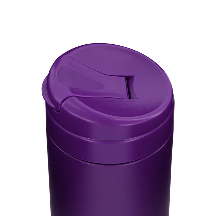 Esplanade Coffee Cup by The Line Edit. - A purple coffee cup with a secure lid and a drinking opening, featuring a smooth finish and a logo.