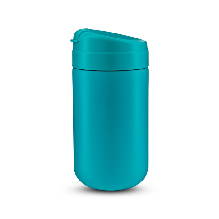 The Good Stuff Pack - A drink bottle in a vibrant teal colour with a secure lid and a smooth, minimalist design. It features a logo.