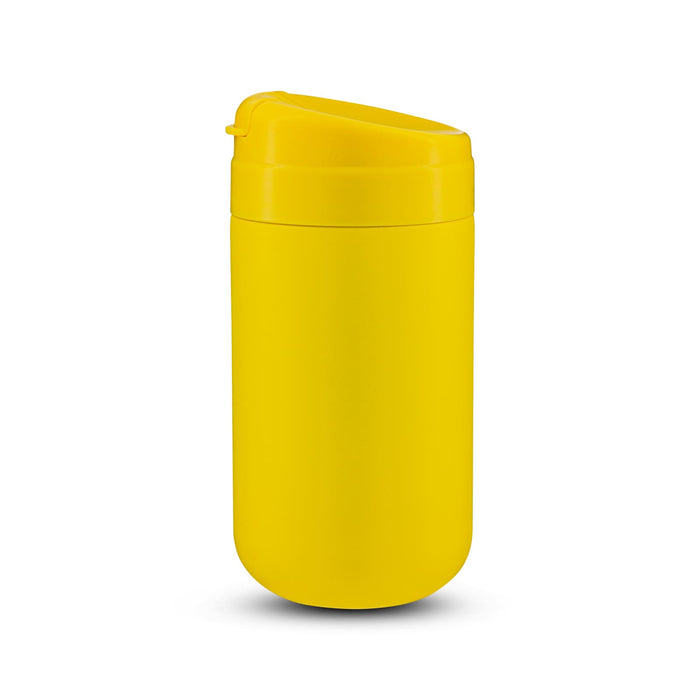 The Good Stuff Pack - A yellow coffee cup with a rounded lid and a sleek design. It features a logo.