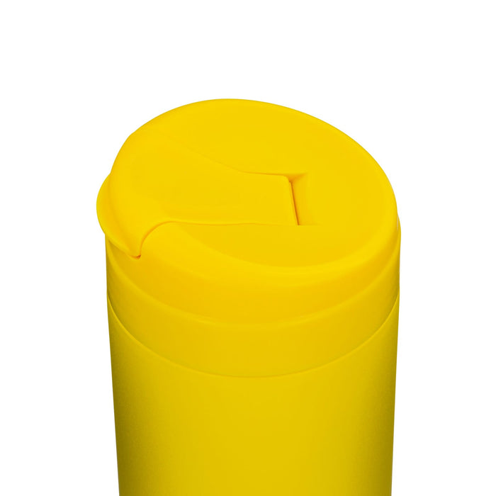 Esplanade Coffee Cup by The Line Edit. - A yellow coffee cup with a round lid and a small opening for drinking, featuring a logo on the side.