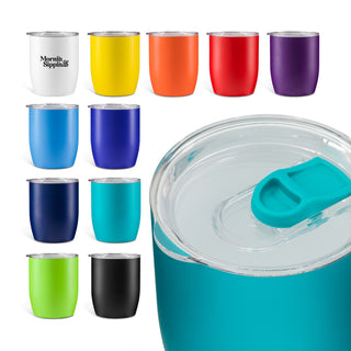 Indiana Coffee Cup - A collection of multi-coloured coffee cups with lids, featuring various colours including yellow, orange, purple, blue, and green.
