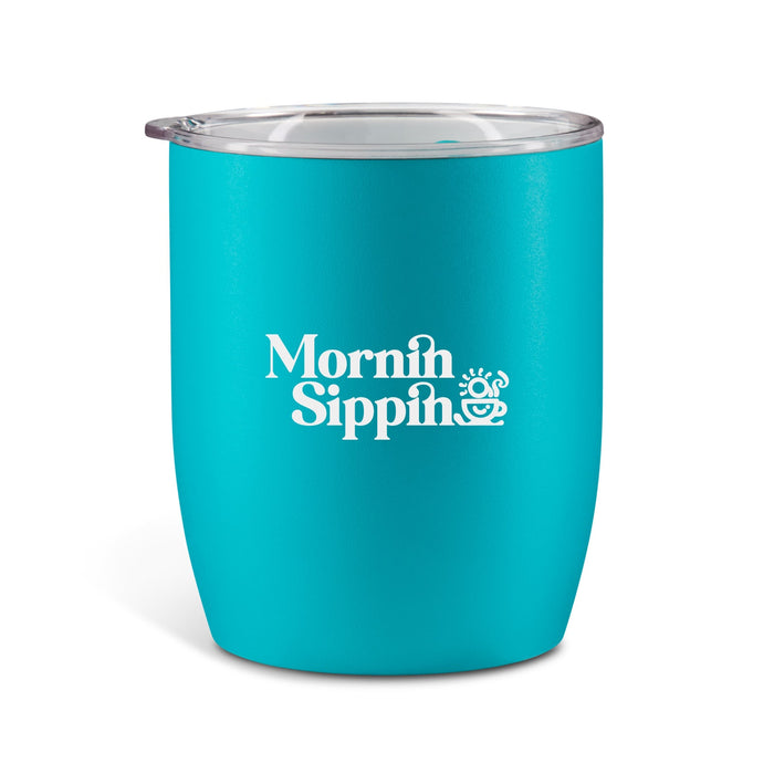 Indiana Coffee Cup - A turquoise coffee cup with a clear lid and a brand logo on the front.