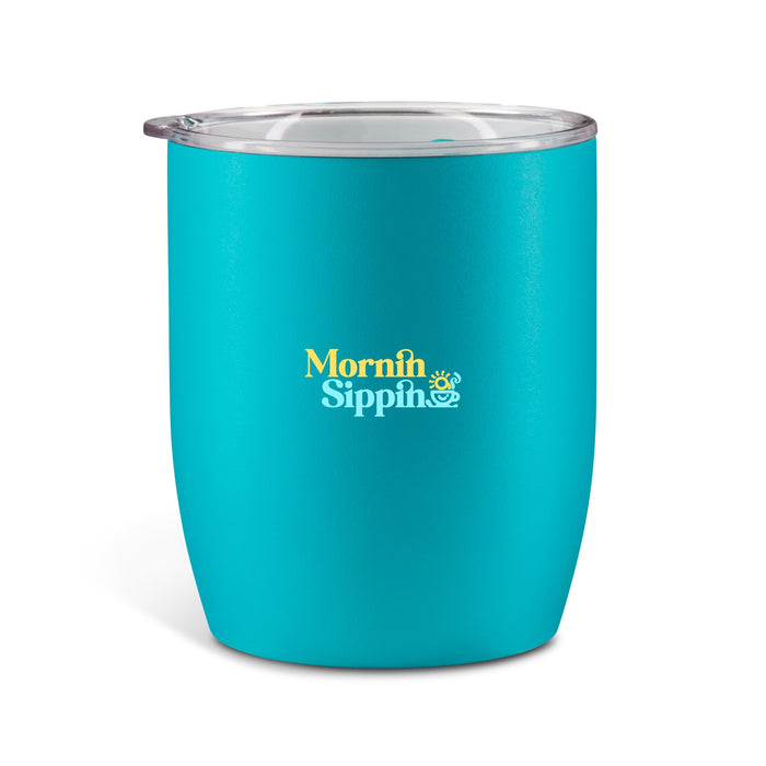 Indiana Coffee Cup - A teal coffee cup with a clear lid and a logo printed on the front.