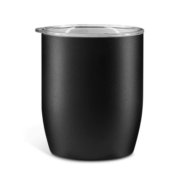 Indiana Coffee Cup - A black coffee cup with a clear lid and a sleek, minimalist design. It features a branding logo.