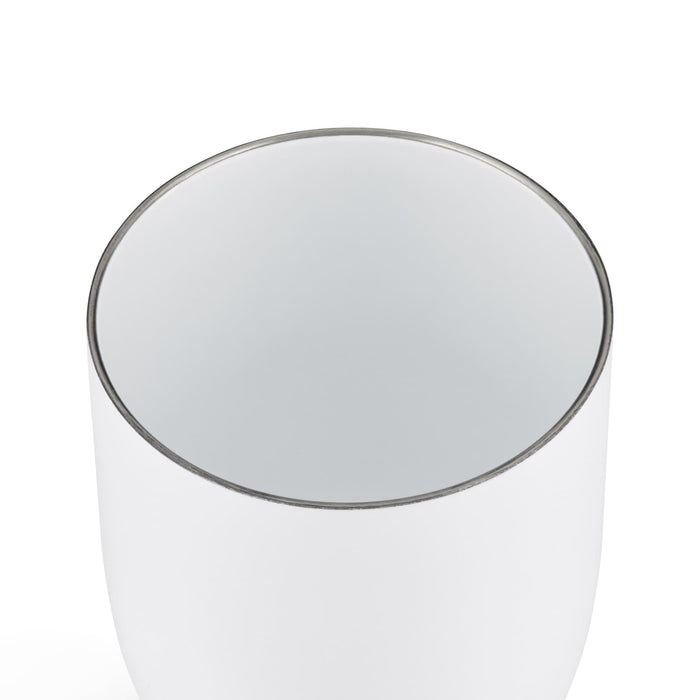 Indiana Coffee Cup - A white coffee cup with a smooth finish and a metallic rim. It features a logo on the surface.