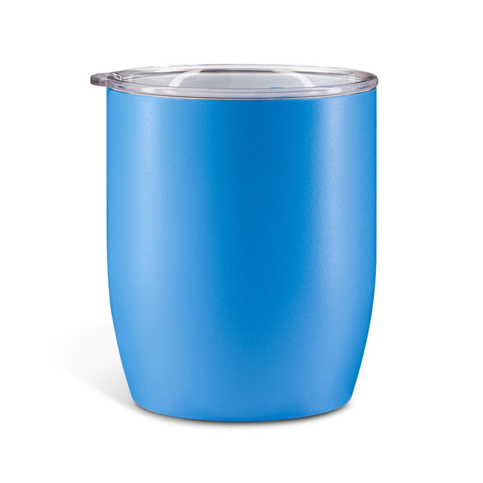 The Refuel Pack - A blue coffee cup with a transparent lid and a smooth matte finish, featuring a logo.