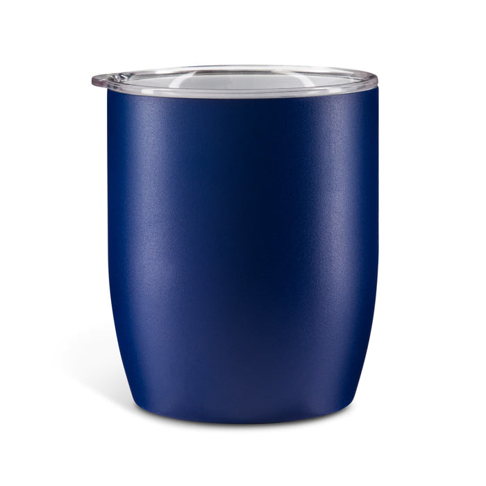 The Refuel Pack - A navy blue insulated coffee cup with a clear lid, featuring a smooth matte finish and a branding logo.