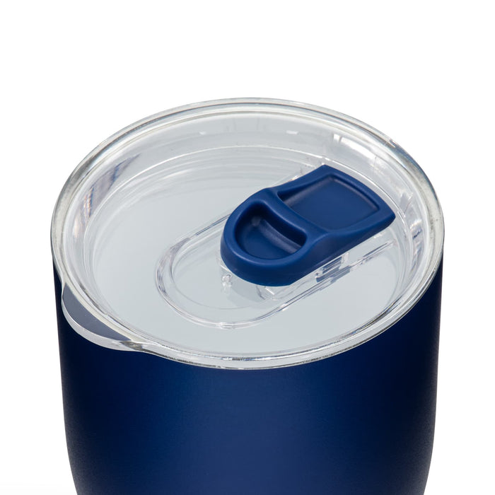 Indiana Coffee Cup - A drink bottle in navy blue, featuring a clear lid with a sliding opening mechanism and a logo.