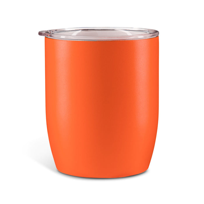 The Refuel Pack - An orange insulated coffee cup with a transparent lid and sleek design, suitable for keeping beverages hot or cold.