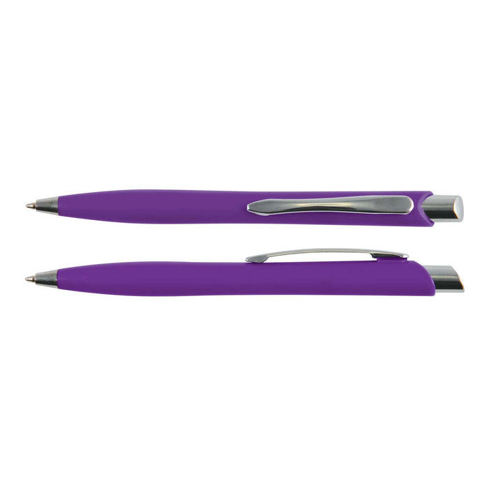 Stingray Pen - A purple plastic pen with a sleek design and a silver clip, featuring two different angles.