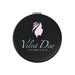 Finesse Compact Mirror - A round black compact mirror featuring a logo with a profile silhouette and "Velvet Dew Cosmetics" text.