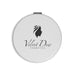Finesse Compact Mirror - A round white compact mirror featuring a logo and an elegant design of a woman's profile.