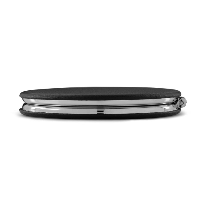 Finesse Compact Mirror - A sleek black compact mirror with a shiny chrome edge, featuring a simple and elegant design.