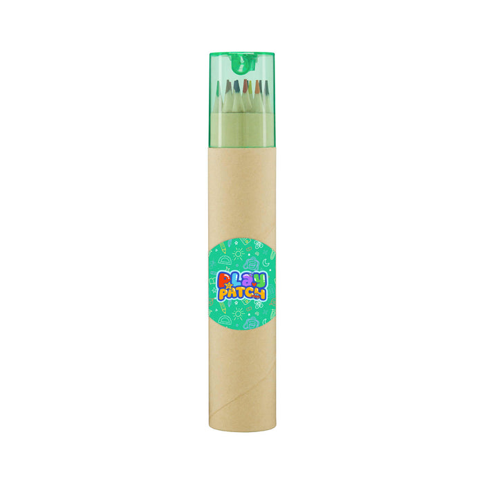 Colouroo Long Pencils in Tube - A tube containing long coloured pencils with a green lid and a cardboard base, featuring a logo.