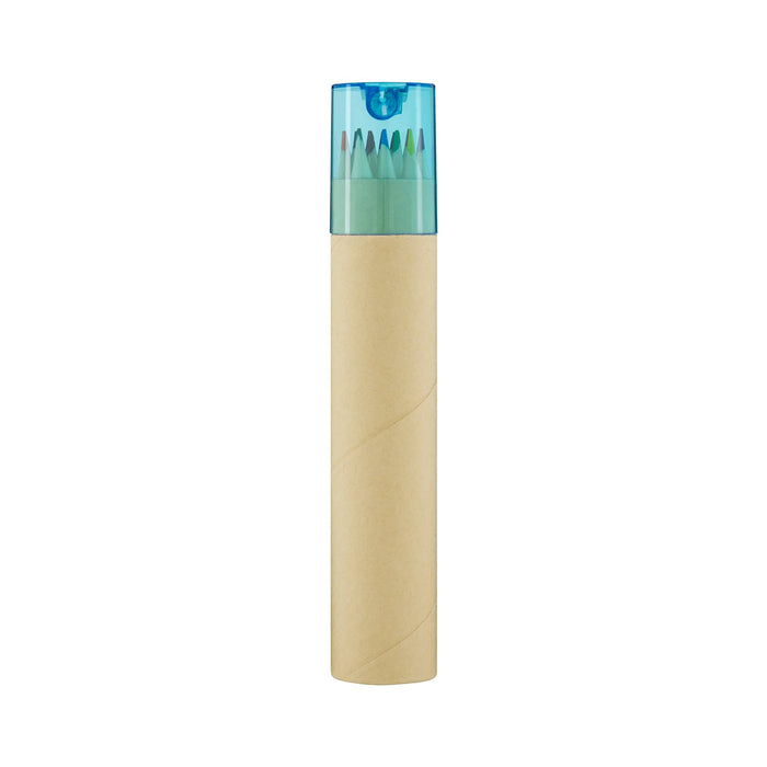Colouroo Long Pencils in Tube - A tube containing long coloured pencils with a transparent blue cap. The tube is made of brown cardboard.