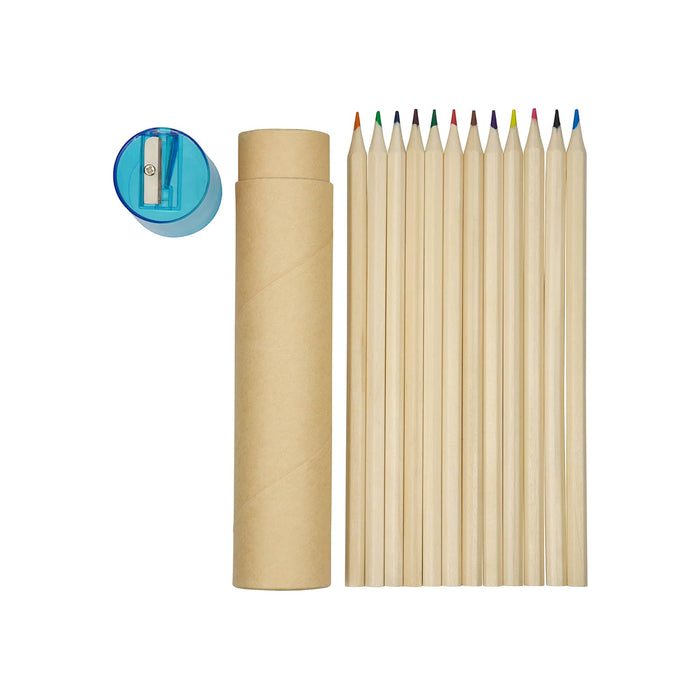 Colouroo Long Pencils in Tube - A tube containing long wooden pencils in various colours, alongside a sharpener.