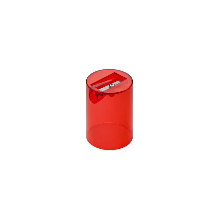 Colouroo Long Pencils in Tube - A bright red pencil sharpener in a cylindrical, translucent container, featuring a metal blade at the top.