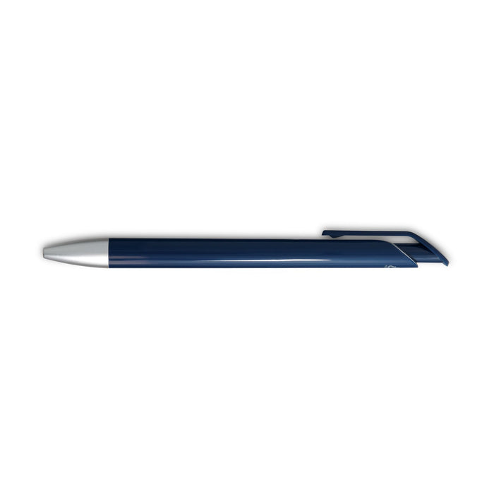 Octave Gel Ink Pen - A navy blue gel ink pen with a white tip and a clip. It features a sleek design and a branding logo.