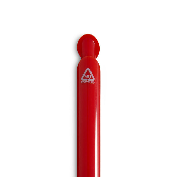 Octave Gel Ink Pen - A red gel ink pen with a round cap, featuring a logo indicating it’s made from recycled materials.