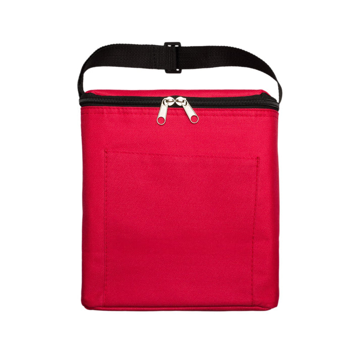 The Knock Off for Christmas Pack - A red cooler bag with a zippered closure and a shoulder strap. The bag features a front pocket for additional storage.
