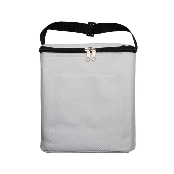The Knock Off for Christmas Pack - A grey cooler bag with a front pocket and a black adjustable strap. It features a zip closure and branding.