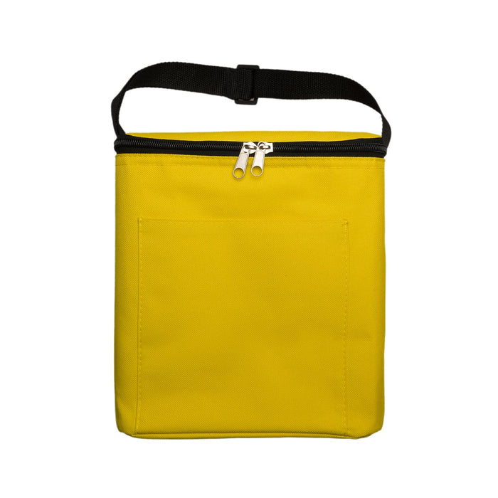 The Knock Off for Christmas Pack - A yellow cooler bag with a zippered top and a black strap, featuring an exterior pocket on the front.